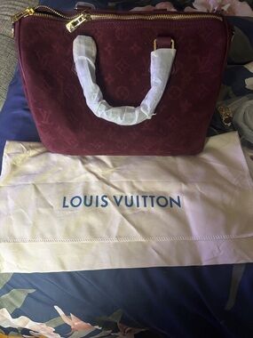 Burgundy Suede Satchel with Gold Hardware speedy new